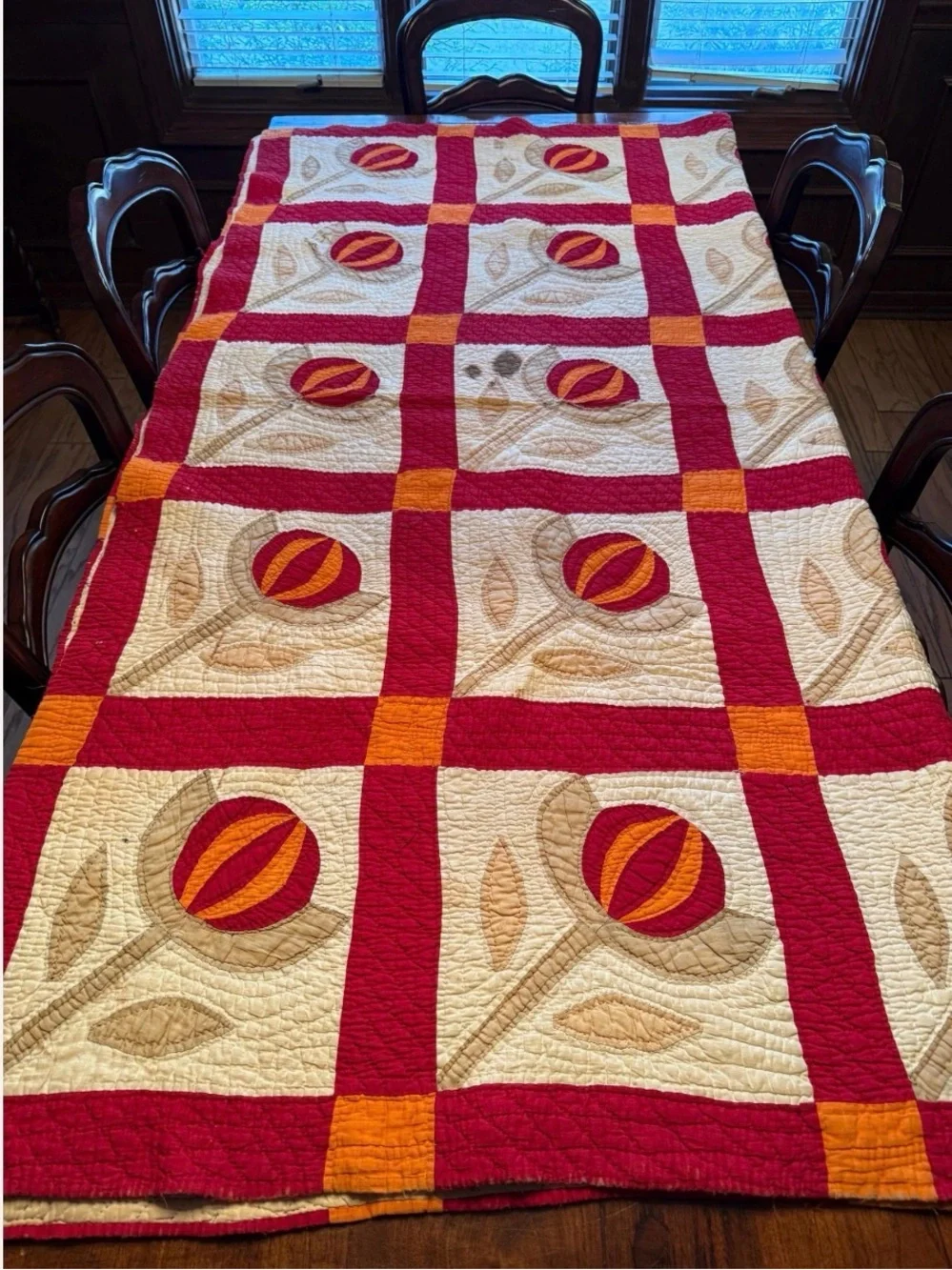 Antique Love Apple Patchwork Quilt in Red, Orange, Cream c 1850
